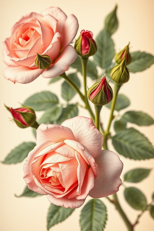 Regenerate a vintage botanical illustration of pink roses with detailed leaves and buds, using a macro lens (50mm f/1.8), natural light, with a soft focus background, shot on a DSLR camera for high resolution and clarity.