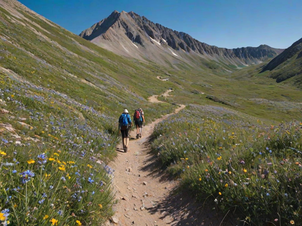 Scenic mountain trail during spring, with wildflowers blooming along the path, a group of hikers making their way up, and a clear blue sky enhancing the sense of adventure.