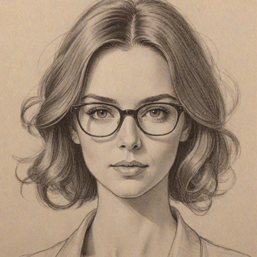 Gorgeous Kendall Vertes, pencil sketch, portrait of Delightful woman 1966s in glasses, hair style beatnik, outline, clear lines, fine lines, 8k