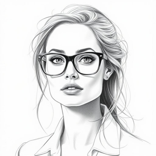 Beautiful Angelina Jolie, pencil sketch, portrait of beautiful woman 60s in glasses, hair style beatnik, outline, clear lines, fine lines, 8k