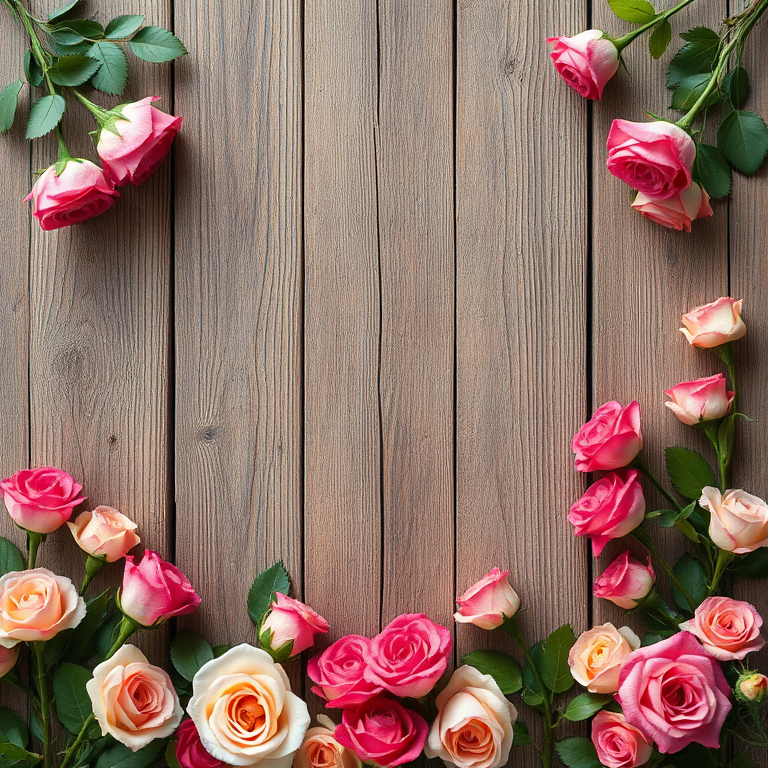 Create an image of a rustic wooden background with a floral border featuring various roses, using a DSLR camera at f/4 aperture, ISO 100, 50mm lens, shot from a top-down view, in natural lighting to enhance colors and details.