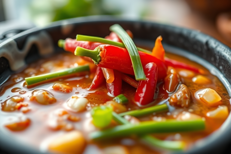 Capture a close-up of a bubbling hot stew in a black clay pot, showcasing vibrant colors of red chili and green scallions on top, soft focus background, natural lighting, aperture f/2.8, shutter speed 1/150 sec, ISO 100, macro lens.