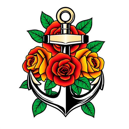 Traditional American tattoo style piece called "Sailor's Devotion" featuring a bold anchor wrapped in vibrant roses with classic red, green, and yellow color palette and thick black outlines