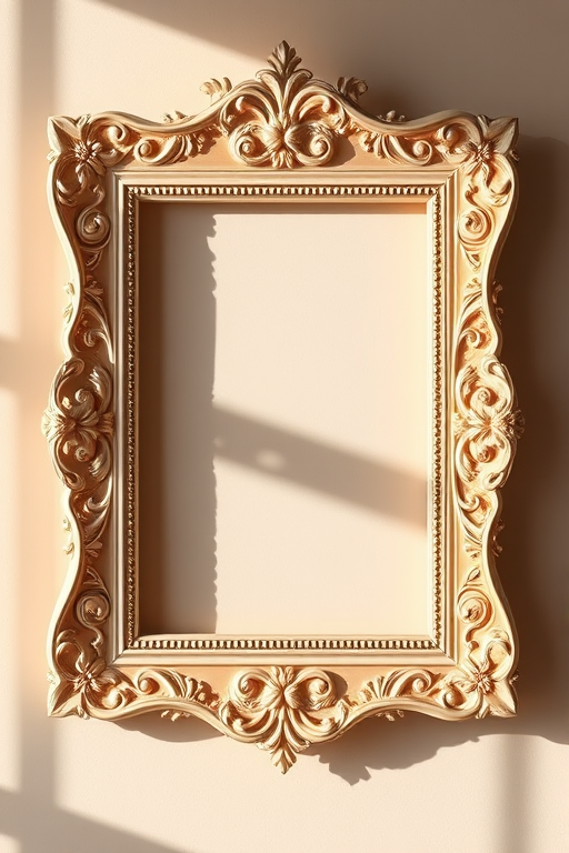 Create a high-resolution image of an ornate vintage picture frame with intricate floral designs in a soft peach and cream color palette, centered on a neutral background, using a Canon EOS R5 camera with a 50mm f/1.2 lens, shot at f/2.8, ISO 200, 1/125s, in natural light from the left for enhanced shadows and depth.