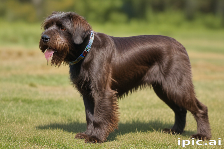 A Playful Brown Dog Standing Proudly on a Sunny Green Lawn.
