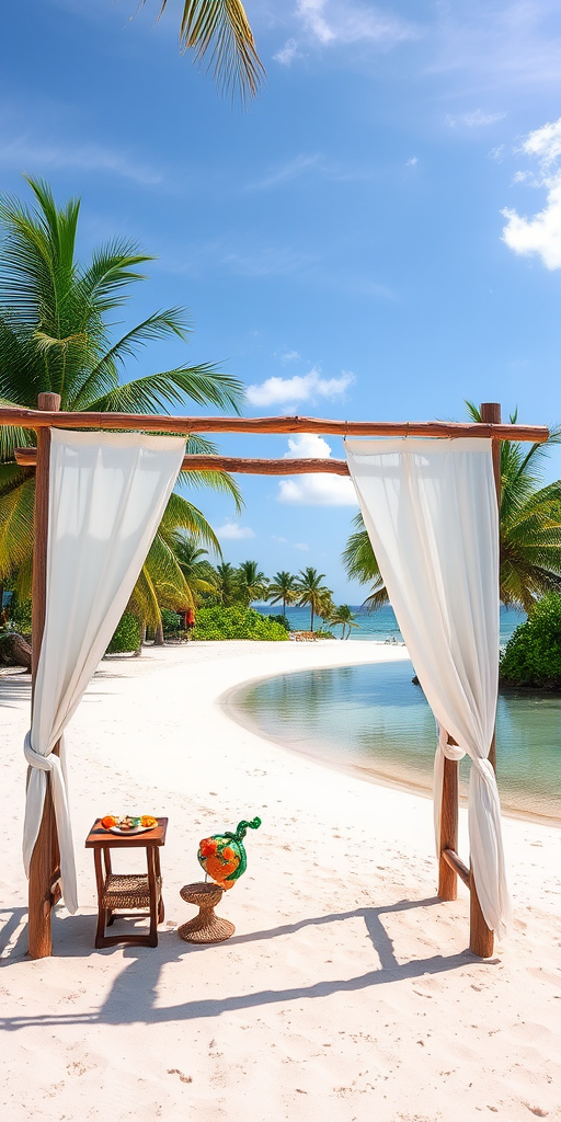 Create a picturesque tropical beach scene featuring a serene, white sandy shore. In the foreground, there's a rustic wooden canopy with white drapes gently flowing in the breeze. Underneath the canopy, a table is set with tropical decor, evoking a sense of relaxation and leisure. The beach extends into a calm, shallow water area with reflections of the sky and surroundings. Palm trees and lush greenery line the edge of the beach, providing a natural, tropical backdrop. The sky is clear with a few scattered clouds, and the overall atmosphere is tranquil and inviting, perfect for a peaceful retreat.