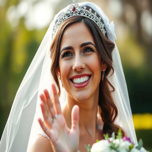 portrait of a joyful bride smiling and waving with a veil and tiara, soft natural light, shallow depth of field, ISO 100, aperture f/2.8, shutter speed 1/200s, captured with a Canon EOS R5 in a candid style, outdoor setting with a blurred background