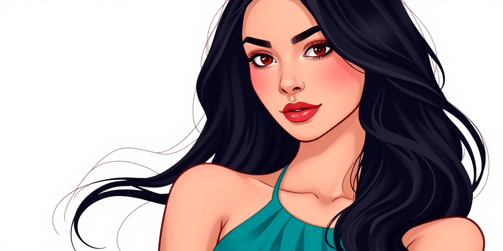 Create a high-resolution digital illustration of a young woman with long, wavy black hair and brown eyes, wearing a stylish teal dress, set against a plain white background, using a Canon EOS R5 with a 50mm f/1.2 lens, in portrait mode, with vibrant colors and smooth shading for a polished look.