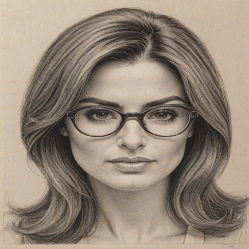 Enchanting Ada Nicodemou, pencil sketch, portrait of Enticing woman 1970s in glasses, hair style beatnik, outline, clear lines, fine lines, 8k