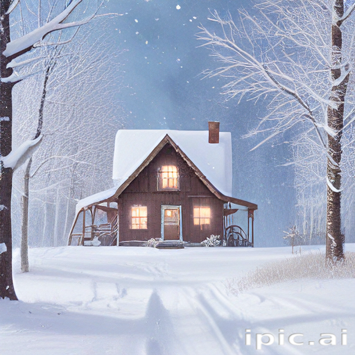A Cozy Winter Cabin Surrounded by Snowy Trees Under a Starry Sky