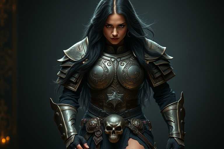 Create a photo of a fierce female warrior with long black hair, wearing an ornate, metallic armor. The armor includes a breastplate with intricate designs, shoulder guards, and gauntlets. The breastplate is decorated with a central emblem, possibly representing a mythical symbol, and has a sculpted, form-fitting design. She wears a belt with a large skull ornament at the center, and her armor extends into a partial skirt, revealing one leg. The overall look is both protective and stylish, with a dark, gothic aesthetic. The background is dimly lit, suggesting a medieval or fantasy setting, enhancing the warrior's imposing presence and intense expression.