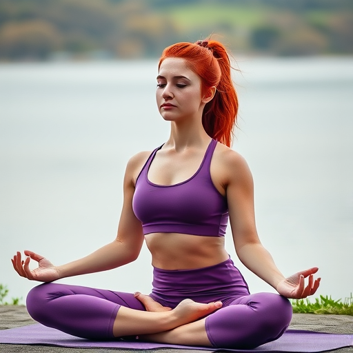Create an image of a woman meditating in a yoga pose, with red hair and wearing purple sports attire, set against a serene background, using a DSLR camera, 50mm lens, f/1.8 aperture, ISO 100, 1/200 sec exposure, with natural lighting and a soft focus effect.