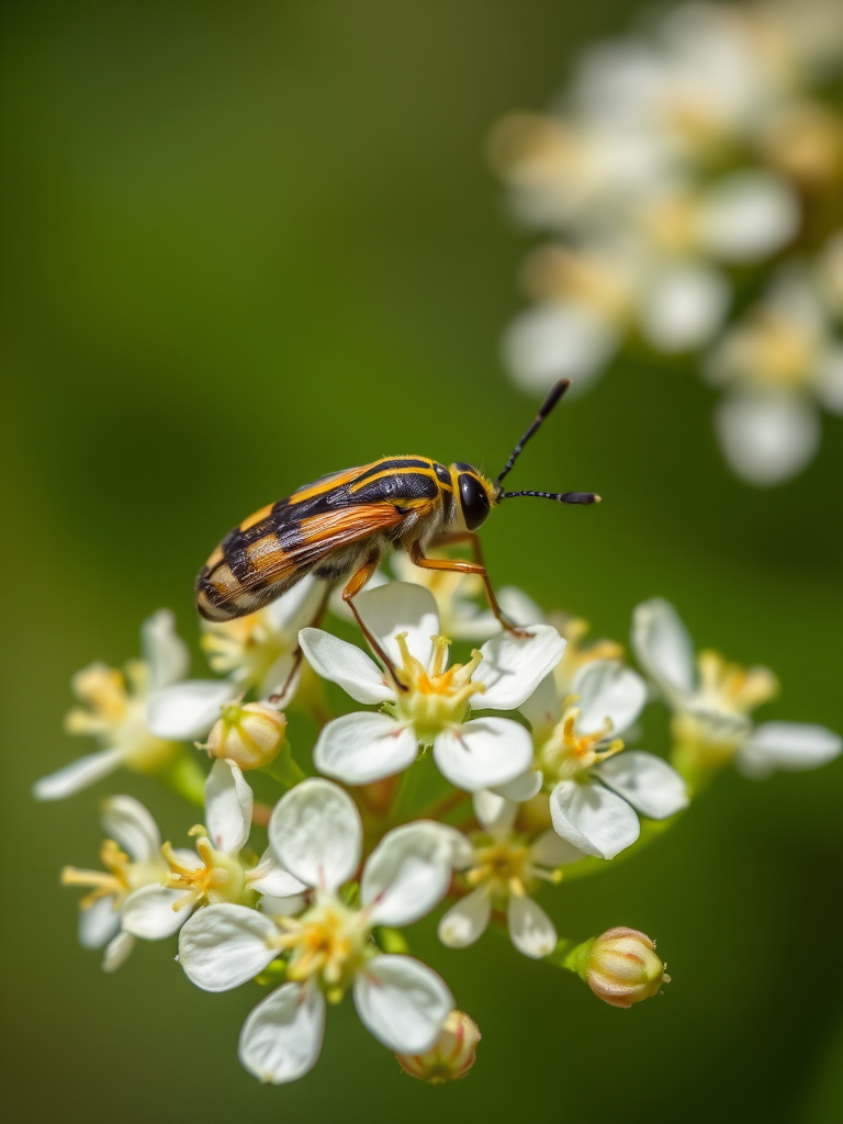 macro shot of a striped insect on delicate white flowers, shallow depth of field, f/2.8 aperture, 100mm lens, ISO 200, natural lighting, Nikon D850