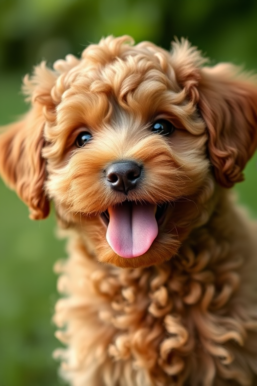A close-up portrait of a fluffy brown puppy with curly fur, smiling with its tongue out, set against a soft blurred green background, taken with a Canon EOS R5, 50mm lens, f/1.8 aperture, ISO 100, natural light, shallow depth of field.