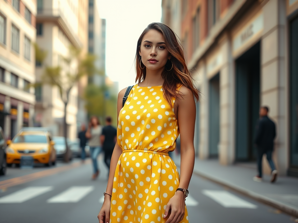 a stylish young woman wearing a yellow polka dot dress standing on a city street, with soft natural lighting, capturing a candid pose, using a Canon EOS R5 camera with an 85mm f/1.2 lens, aperture set to f/1.8, ISO 100, shutter speed 1/200s, in portrait orientation for shallow depth of field, creating a vibrant and crisp image capturing the essence of street fashion