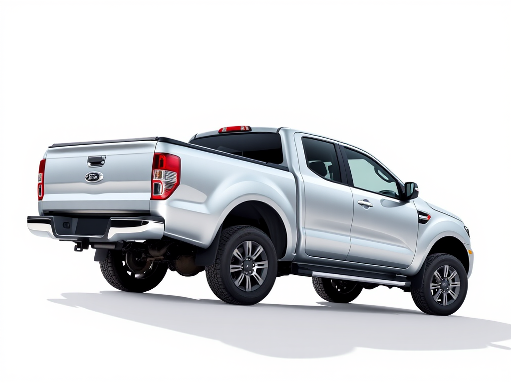Generate a high-resolution side view illustration of a silver pickup truck with a clear background, using a Canon EOS R5 camera with a 50mm lens, f/2.8 aperture, ISO 100, and a shallow depth of field for enhanced image quality.