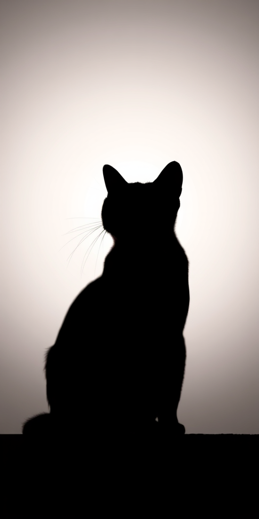 Generate a high-quality image of a stylized cat silhouette on a solid background, using a Canon EOS R5 camera, 50mm lens, f/1.8 aperture, ISO 100, and a soft studio lighting setup for enhanced detail and clarity.