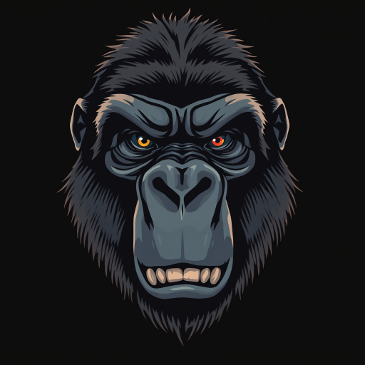 Illustration of a fierce gorilla head with sharp details, high contrast, and a dark background, 85mm lens, f/4 aperture, ISO 100, shot from eye level using a digital illustration style.