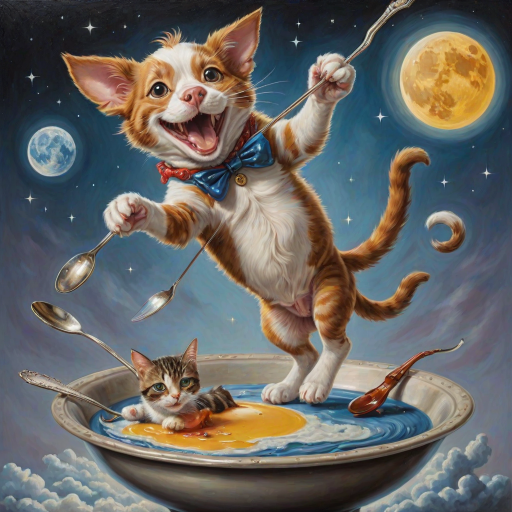 A whimsical hyper vibrant, hyper realistic and hyper detailed image of a cat and a fiddle, a cow jumping over a moon , a laughing dog, and a dish running away with a spoon, oil painting and airbrush