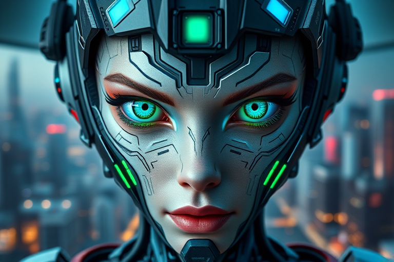 Create a hyper-realistic portrait of a futuristic cyborg with striking blue and green eyes, intricate facial circuitry, and a detailed background of a sci-fi cityscape, captured with a Canon EOS R5, 50mm lens, f/1.8 aperture, ISO 100, shot in portrait mode for enhanced depth of field and vibrant colors.