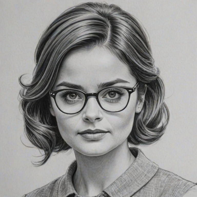 Magnificent Jenna-Louise Coleman, pencil sketch, portrait of Fascinating woman 1958s in glasses, hair style beatnik, outline, clear lines, fine lines, 8k