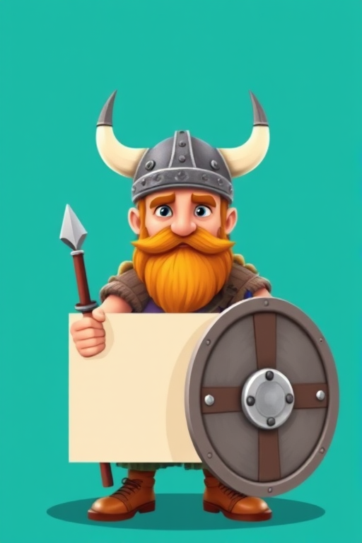 Create a colorful cartoon-style image of a Viking warrior wearing a horned helmet and holding a shield and a blank sign, using a Canon EOS 90D with a 50mm lens, aperture at f/2.8, ISO 100, and a vibrant teal background.