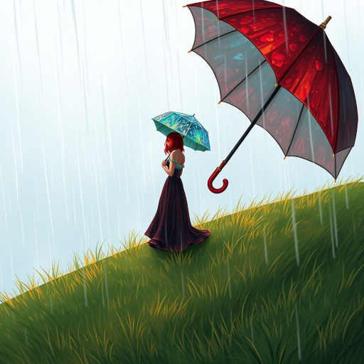 A surreal hand-drawn digital artwork depicting a mysterious red-haired woman standing on a grassy hill under the rain. She holds an umbrella crafted from iridescent zircon, its vibrant sheen contrasting with the soft, rainy atmosphere. The scene feels dreamlike, blending the natural elements of the hill and rain with the otherworldly shimmer of the umbrella.