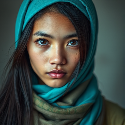Create a portrait of a young Lao male with long, dark hair and captivating hazel eyes. She is wearing a cyan headscarf and a matching scarf draped gracefully around her neck. The background is softly blurred, focusing attention on her serene and natural expression. The overall color palette is muted and warm, enhancing the intimate and authentic feel of the portrait.