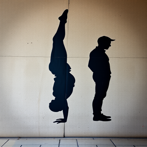 create a high-resolution image of a black silhouette mural depicting two figures, one in a handstand and the other standing upright, on a textured concrete wall with rough finishes, using a DSLR camera with a 50mm lens, aperture f/2.8, ISO 100, and a focal length of 50mm.