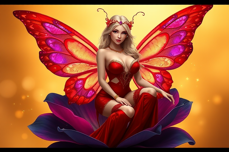 A digital artwork features a winged fairy with delicate Scarlet butterfly wings, adorned with intricate Navy andFuchsia patterns. She is seated on a vibrant Navy flower, wearing a revealing red two-piece outfit with sparkling beadwork. Her fair skin, long blonde hair, and gold jewelry add to her ethereal appearance. The background is a warm, golden gradient, creating a magical atmosphere. Small glowing orbs and sparkles surround the flower, enhancing the enchanting, highly detailed, and realistic scene.
