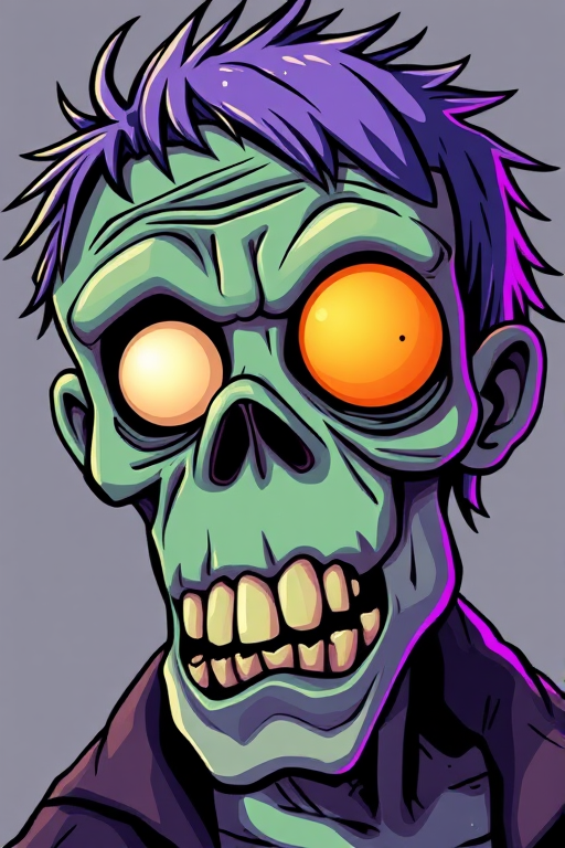 Create a vibrant cartoon zombie head with exaggerated features, using a DSLR camera at f/2.8 aperture, 50mm lens, ISO 100, shooting from a close-up perspective with high saturation and sharp focus.