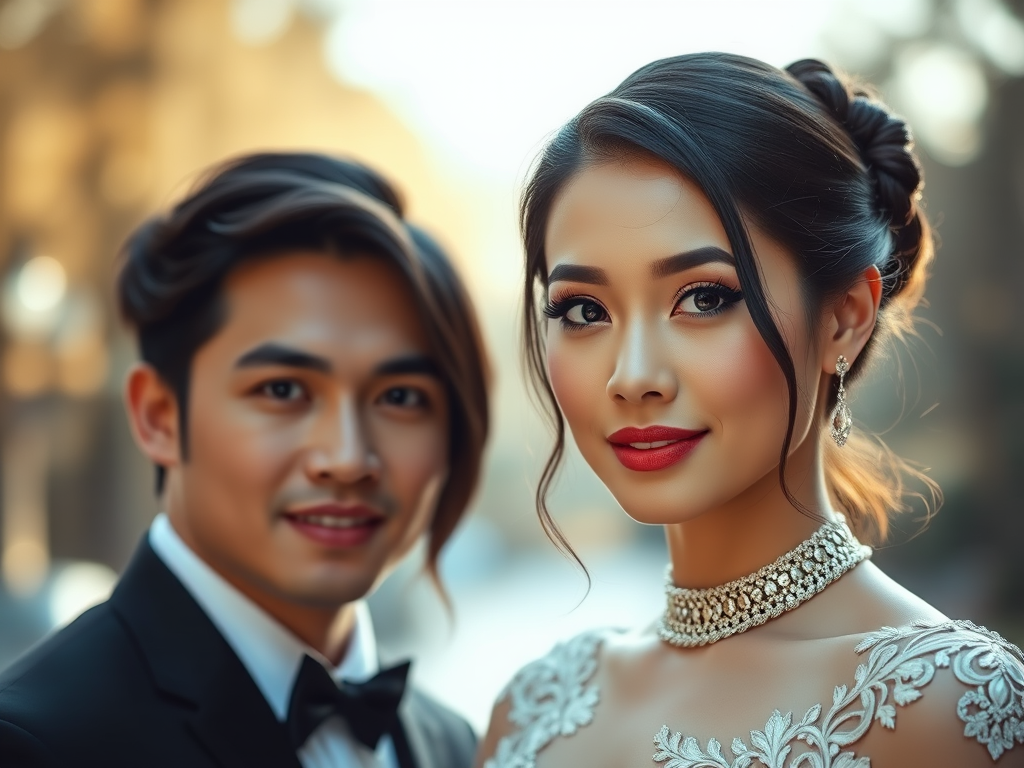 Portrait of a couple in elegant attire, soft focus background, natural light, shallow depth of field, 85mm lens, aperture f/1.8, ISO 100, warm color grading, romantic atmosphere, DSLR camera.