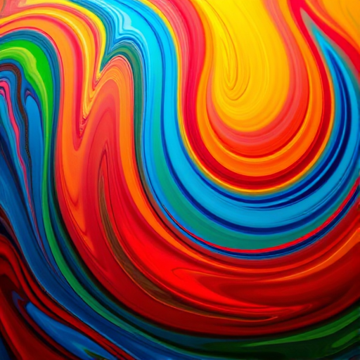 Create an abstract image with vibrant swirling colors of red, blue, green, and yellow, using a Canon EOS R5, f/8 aperture, 1/60 sec shutter speed, ISO 100, shot from a close-up perspective to enhance detail and depth, focusing on smooth gradients and dynamic flow in a painterly style.