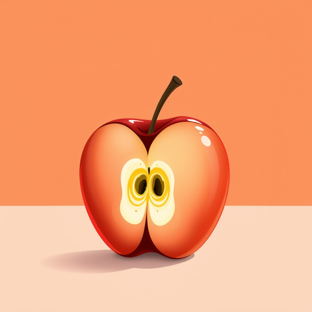 Create a vibrant illustration of a half-eaten red apple against a simple background, using a Canon EOS R5 with a 50mm f/1.2 lens, aperture set to f/2.8, ISO 100, and a shallow depth of field to enhance focus on the apple while slightly blurring the background.