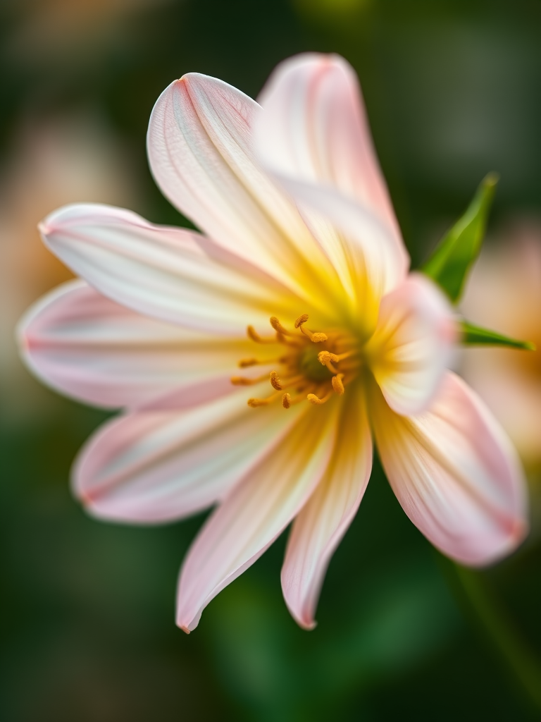 macro shot of a blooming flower with soft pastel colors and a blurred background, aperture f/2.8, shutter speed 1/200s, ISO 100, taken with a DSLR camera, 100mm lens, natural light, slight bokeh effect.