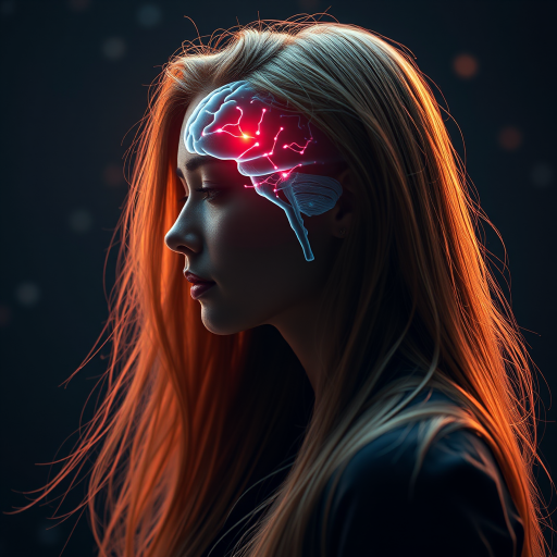 Create a hyper-realistic portrait of a woman with long flowing hair, showcasing a glowing brain silhouette in her profile, surrounded by digital circuits and neural connections, captured with a Canon EOS R5, 50mm lens, f/1.8 aperture, ISO 100, using soft diffused lighting and a shallow depth of field for enhanced focus on the subject.