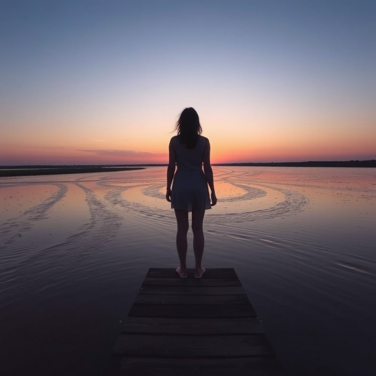 Sunset over a wide river, a woman stands on a wooden dock, her reflection visible in the calm water as she watches the last light of day fade from the sky.
