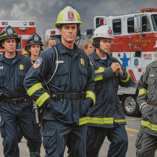 acrylic illustration of realistic first responders, fireman, policeman, emts, doctors, nurses, military