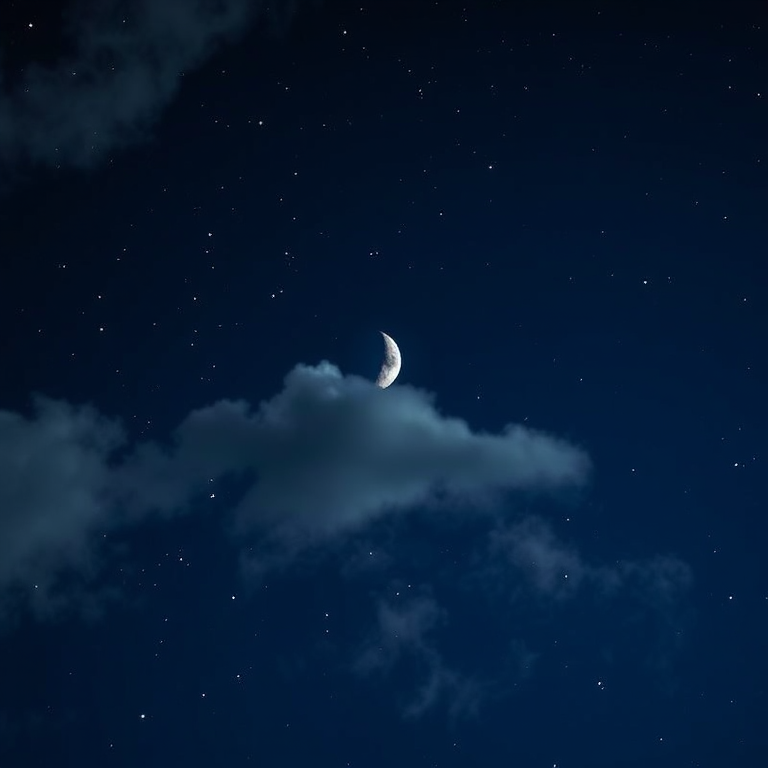 Create a serene night sky scene featuring a crescent moon partially obscured by fluffy clouds, with twinkling stars scattered throughout the deep blue background, captured with a DSLR camera at f/2.8, ISO 100, 1/125s, using a wide-angle lens to enhance clarity and depth.