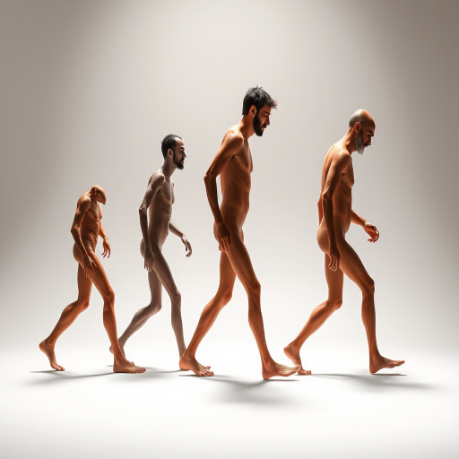 create a detailed illustration of human evolution with five stages of walking posture, using a high-resolution setting, shot from a side view in a studio-style lighting setup, captured with a Canon EOS 5D Mark IV at f/8, ISO 200, and 1/250s for sharpness and clarity