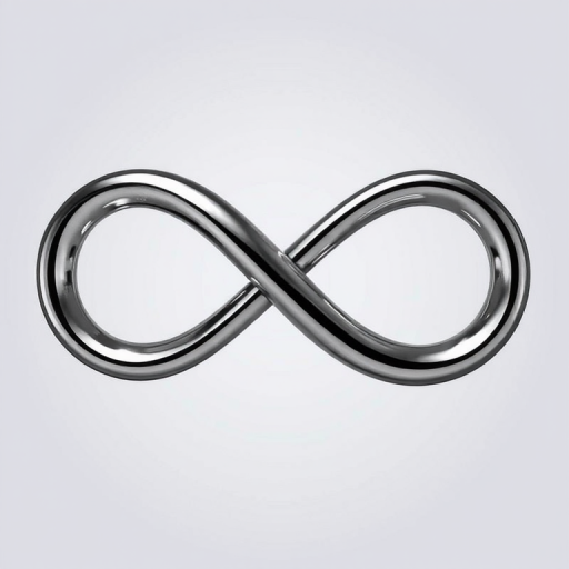 Create a shiny, metallic infinity symbol against a plain background, using a DSLR camera with a 50mm lens, aperture set to f/2.8, ISO 100, and a shallow depth of field for enhanced focus and detail.