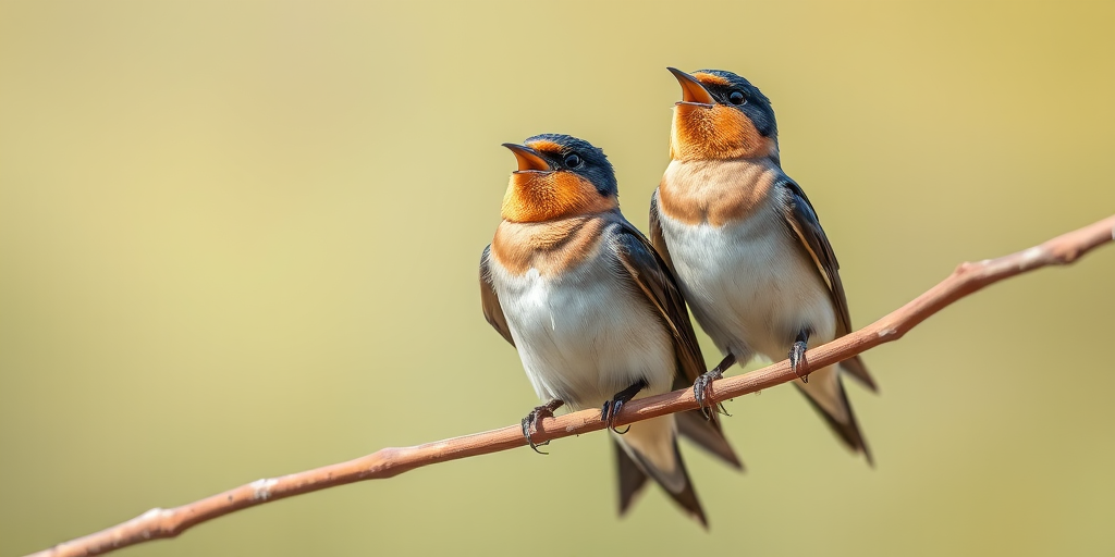 Create an image of two swallows sitting on a branch, one bird with its beak open as if singing, soft focus background, natural light, aperture f/5.6, shutter speed 1/250 sec, ISO 400, DSLR camera with a 200mm lens.