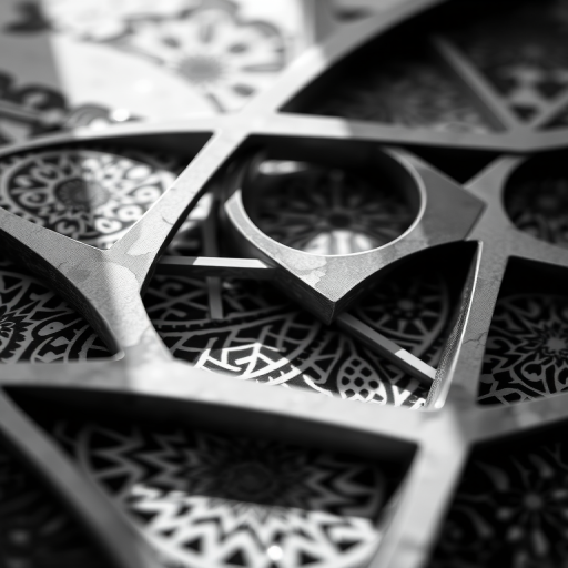 Create an abstract geometric design featuring intricate patterns and a monochromatic color scheme, captured with a Canon EOS R5, 50mm lens, f/1.8 aperture, ISO 100, in a close-up shot with natural light to enhance details and texture.