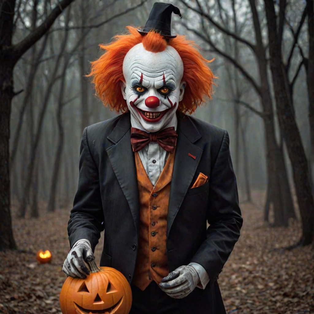 Illustrate a sinister clown with bright orange hair and a dark, menacing smile. The clown is holding a spooky jack-o'-lantern balloon and a carved pumpkin. Dress the clown in a formal suit with a large red bow tie to enhance the eerie Halloween ambiance. Aim for a chilling, unsettling style that captures the essence of Halloween horror.