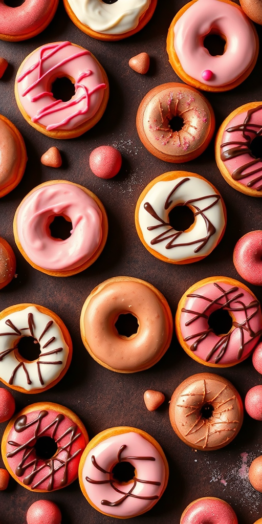 Create a high-resolution, seamless pattern of various donuts with pink, white, and chocolate icing, set on a dark brown background, shot with a DSLR camera at f/8, ISO 100, 50mm lens, natural light, overhead view, vibrant colors, and sharp details.