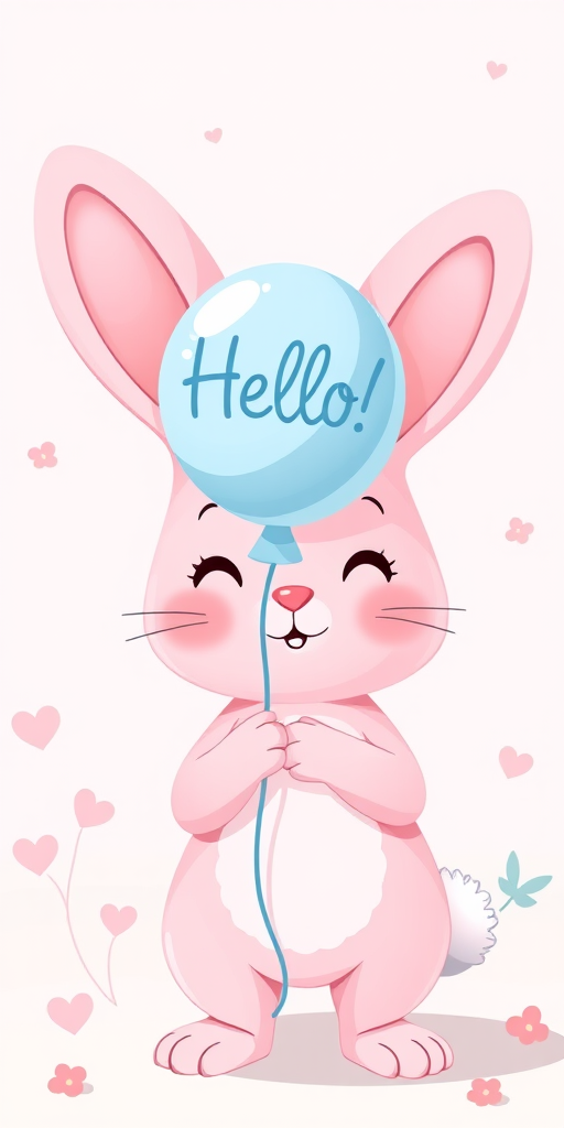 Create a cute cartoon-style illustration of a pink bunny holding a light blue balloon with "Hello!" written on it, using a soft color palette and a whimsical background, shot with a Canon EOS R5, 50mm lens, f/2.8 aperture, 1/200s shutter speed, and ISO 100 for vibrant colors and sharp details.