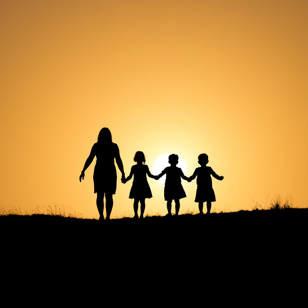 Create a high-contrast silhouette of a family holding hands against a bright background, use a DSLR camera with a 50mm lens, aperture f/8, shutter speed 1/1000s, and ISO 100, taken from a medium distance with a straight-on view to emphasize the silhouettes.