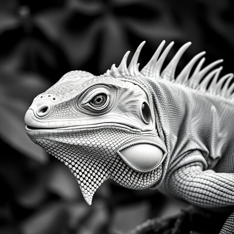 black and white portrait of an iguana with prominent spines and a distinctive dewlap, perched on a natural habitat background
