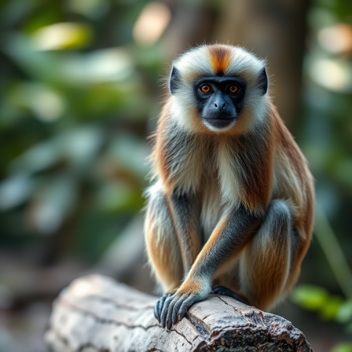 A close-up of a gibbon sitting on a log in a natural setting, soft focus, natural lighting, ISO 400, f/2.8, 1/250s, 85mm lens, DSLR camera, shallow depth of field.
