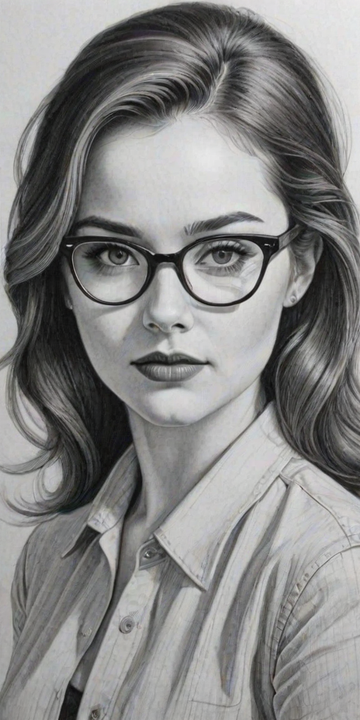 Enticing Madison Davenport, pencil sketch, portrait of Ravishing woman 1954s in glasses, hair style beatnik, outline, clear lines, fine lines, 8k